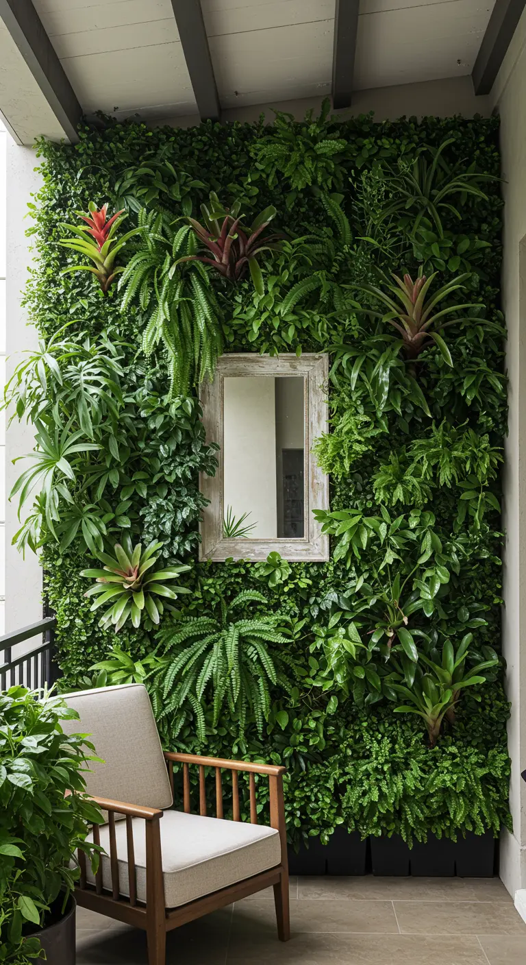 Weelderige verticale plantenwand met varens en een kleine houten spiegel in het midden.
