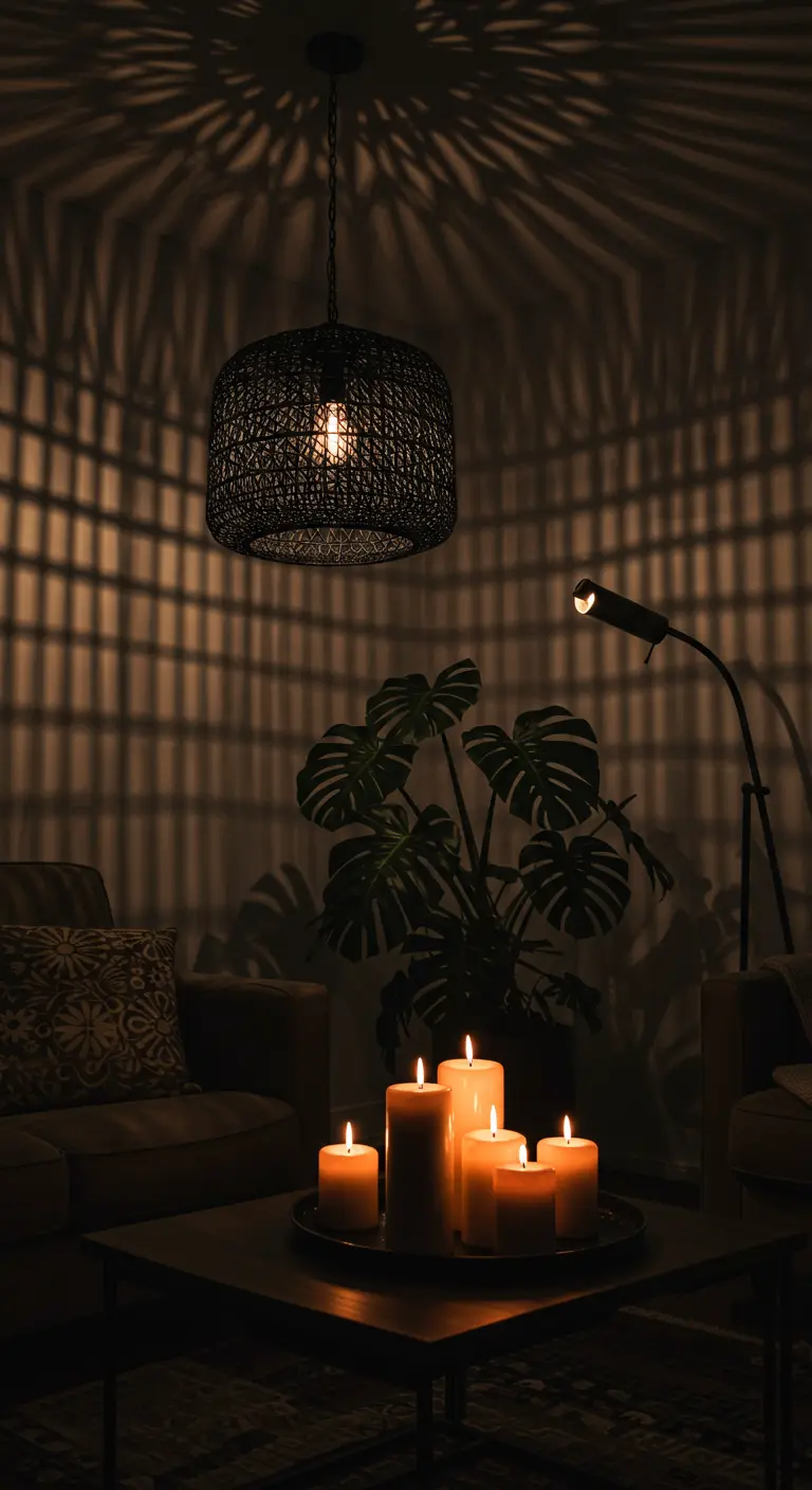 Donkere woonkamer met een opengewerkte hanglamp en een groep brandende kaarsen.