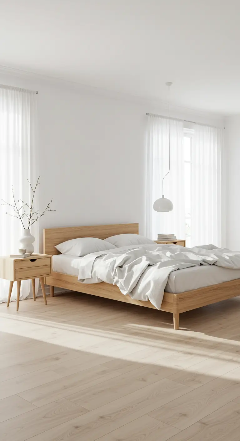 Minimalistische slaapkamer met houten bed, witte lakens, doorzichtige gordijnen en zonlicht op de vloer.