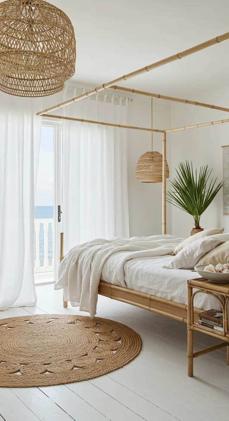 Lichte slaapkamer met een bamboe hemelbed, witte linnen gordijnen en een jute vloerkleed.