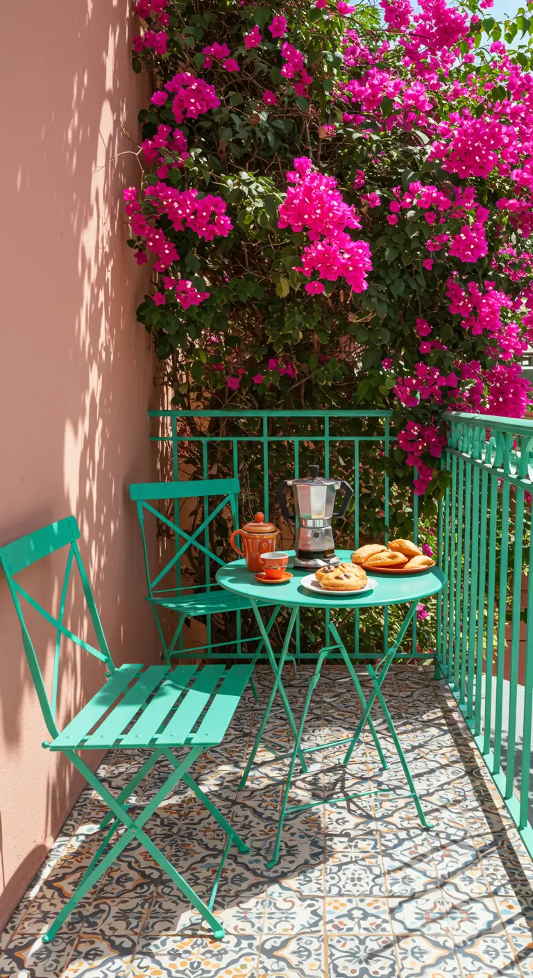 Klein balkon met een turquoise bistroset, mozaïektegels en een bloeiende roze bougainvillea.