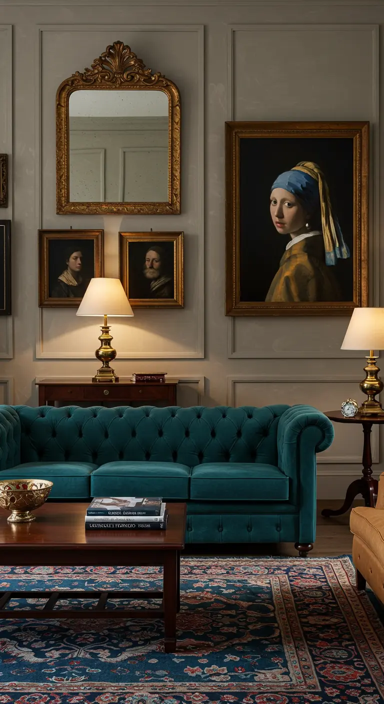Klassieke woonkamer met teal bank, gouden spiegels en kunstwerken in Vermeer-stijl