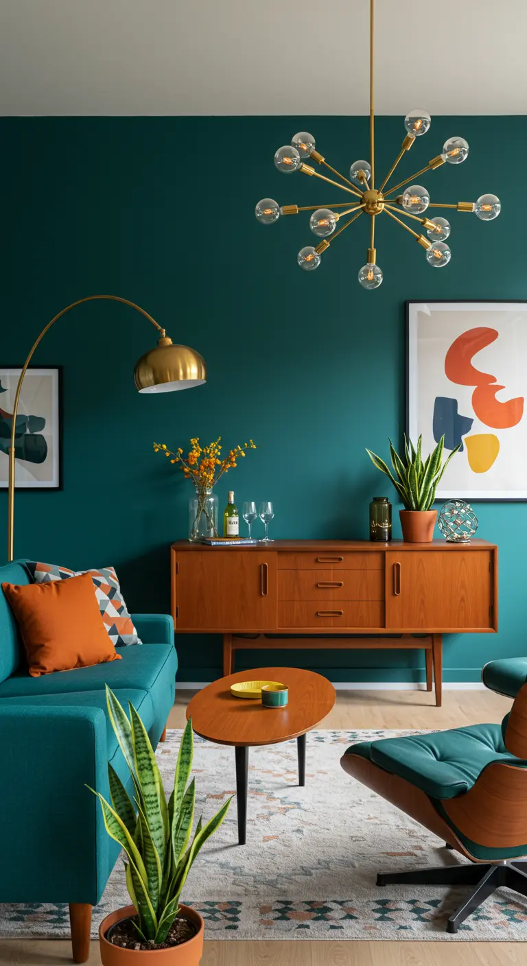 Woonkamer in mid-century stijl met een petrolblauwe muur en een gouden sputnik-kroonluchter.