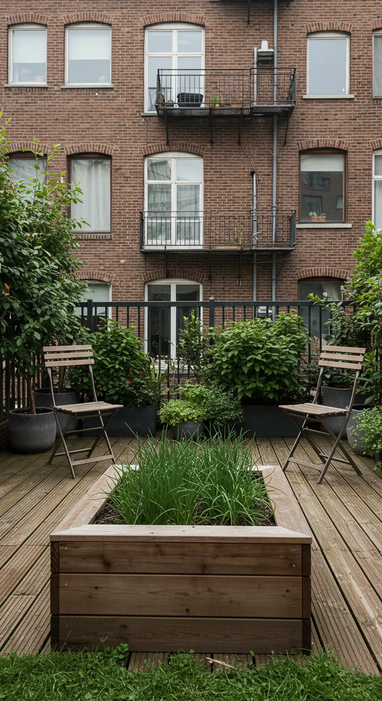 Dakterras met een grote vierkante houten plantenbak in het midden.