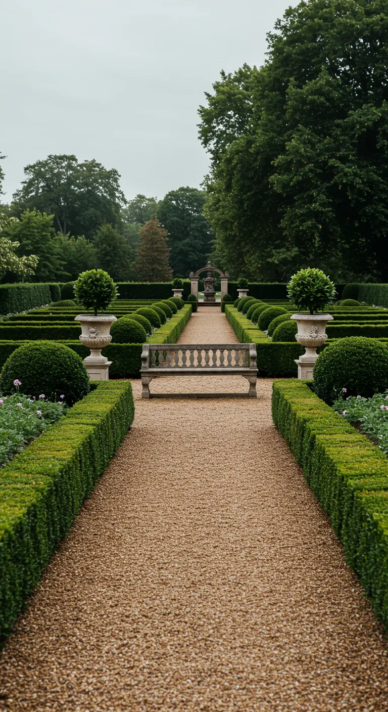 Klassiek stenen bankje in een formele tuin met buxushagen en een grindpad.