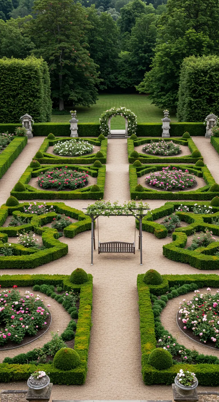 Donkere schommelbank in het midden van een grote, formele kasteeltuin met symmetrische perken en buxushagen.