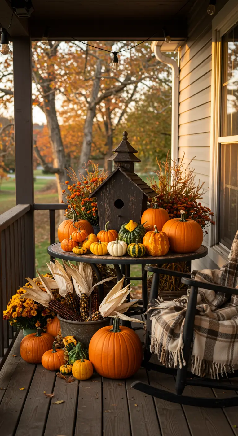Donkerhouten vogelhuisje op een veranda, omringd door pompoenen en herfstdecoratie.