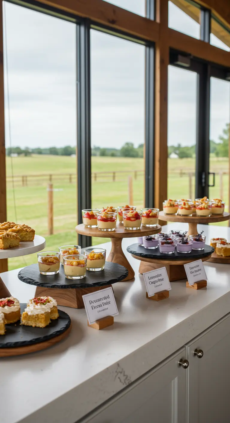 Strak dessertbuffet met kleine glaasjes en taartjes op houten en leistenen etagères.