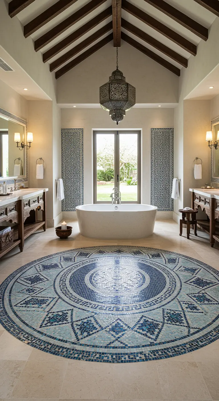 Grote badkamer met een rond blauw mozaïek medaillon op de vloer als middelpunt.