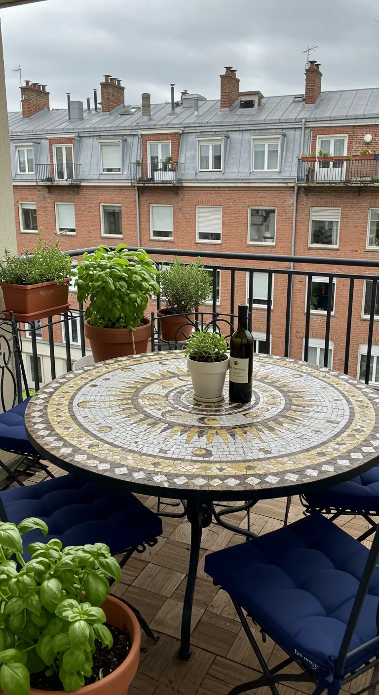 Balkon met een ronde mozaïektafel, omringd door stoelen en potten met basilicum.