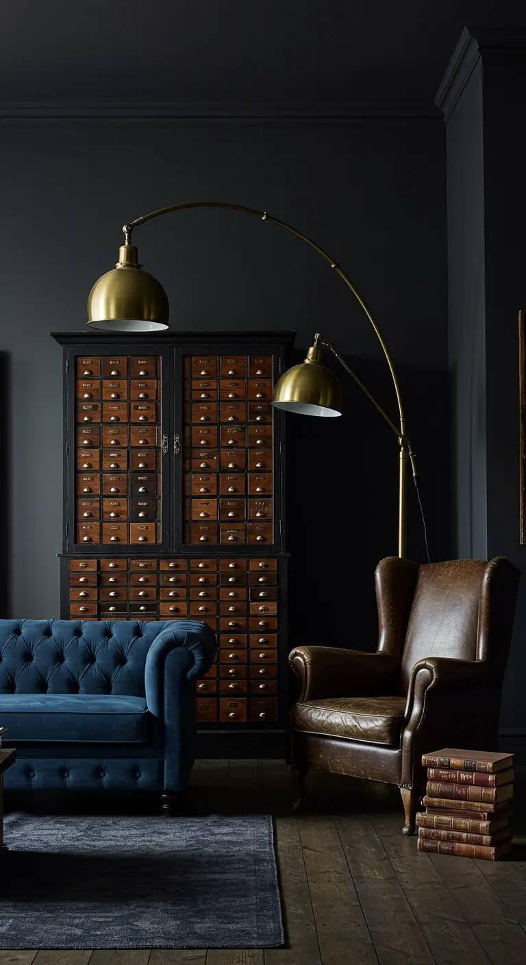 Donkere woonkamer met een grote, houten apothekerskast en een blauwe fluwelen bank.