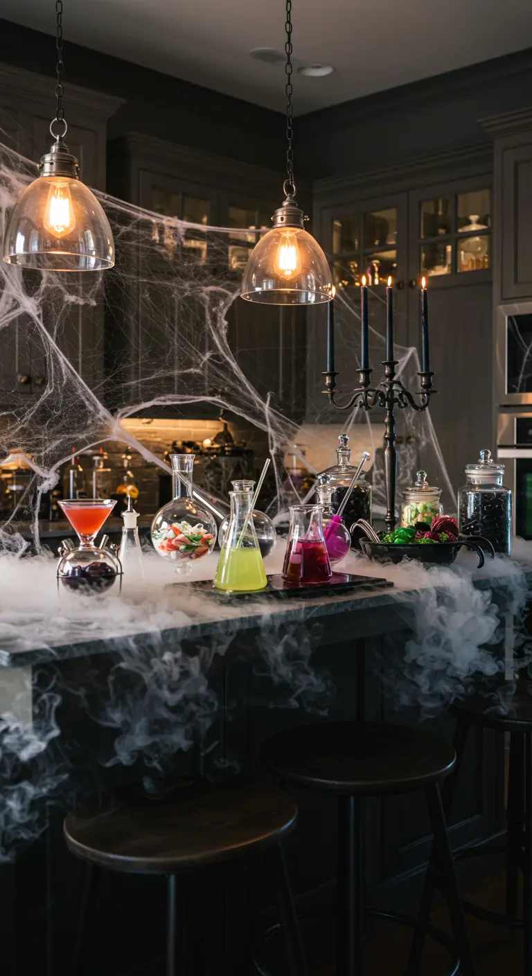 Keukenbar gedecoreerd als een Halloween laboratorium met rook en drankjes.