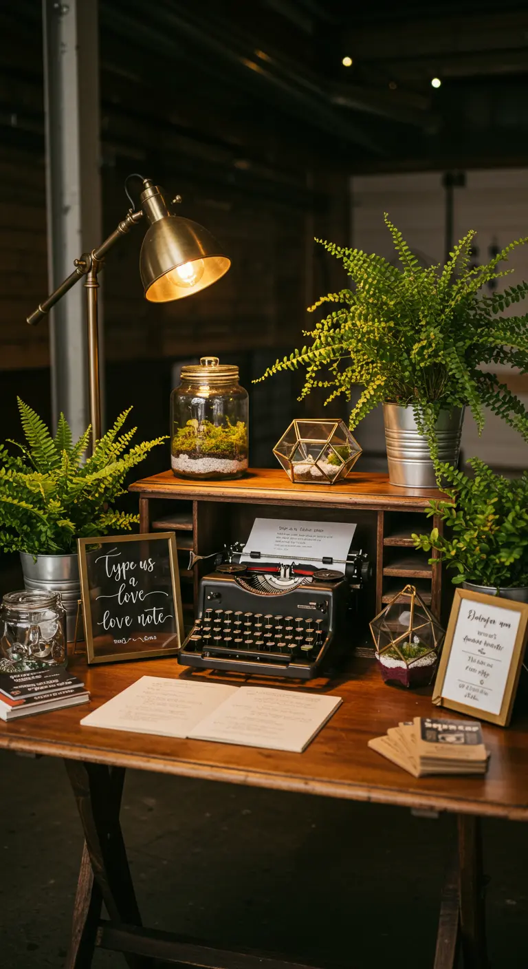 Een hoek met een vintage typemachine, planten, een messing lamp en kaartjes voor gasten.