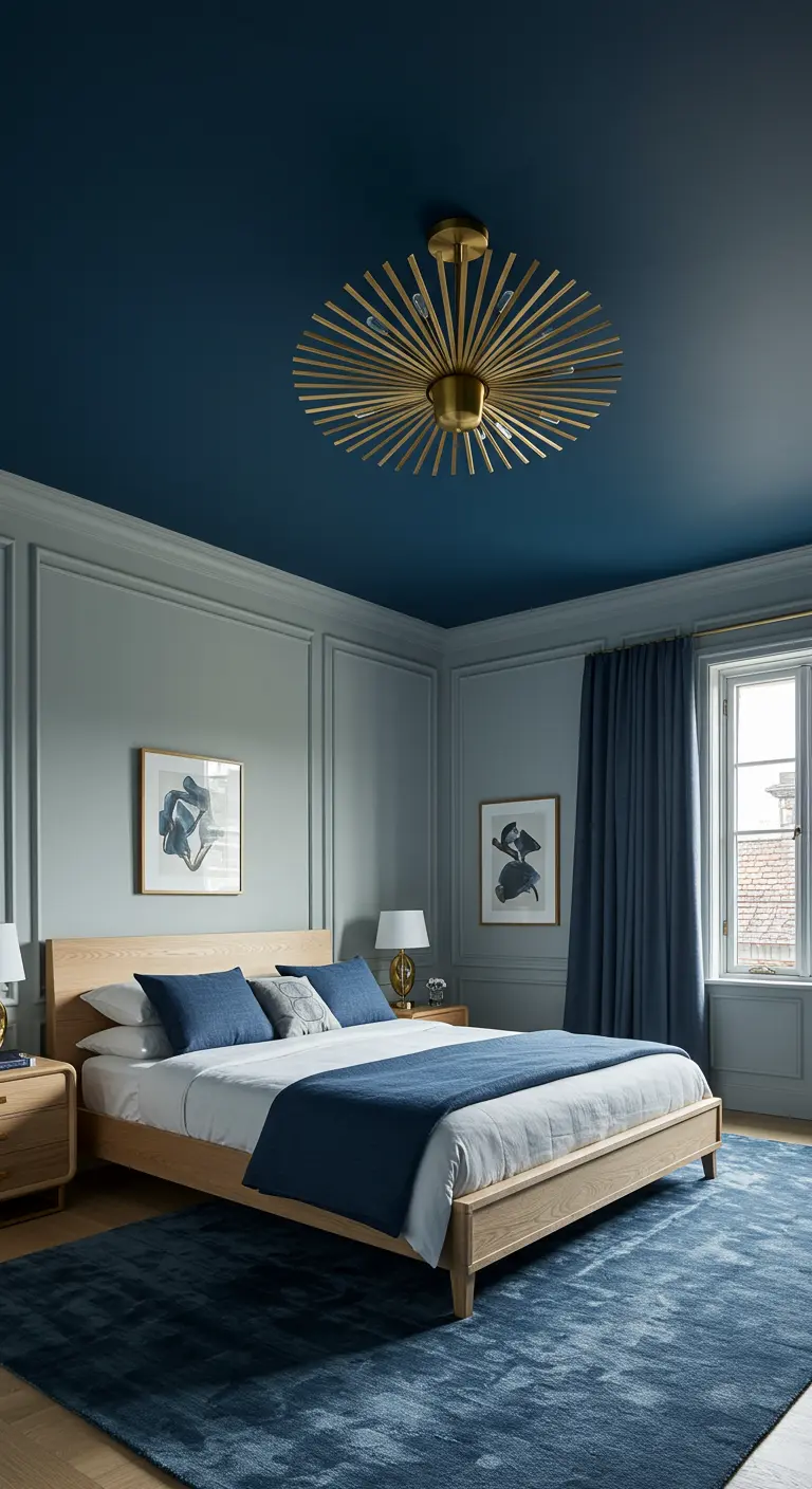 Slaapkamer met grijsgroene muren en een nachtblauw plafond met een grote gouden zonnelamp.