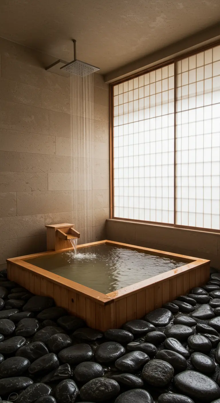 Japanse badkamer met een houten ofuro-bad, een regendouche en een vloer van zwarte keien.