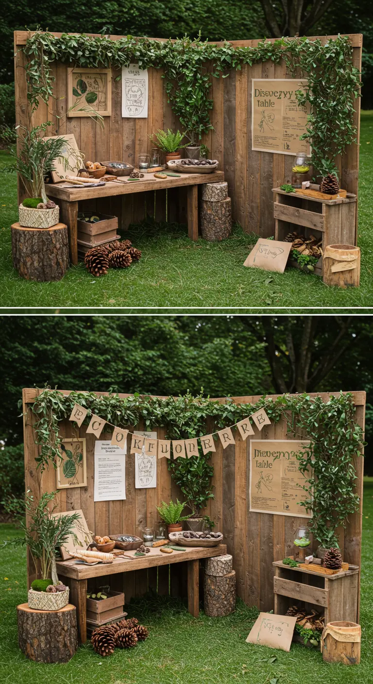 Natuurlijke kinderhoek met een houten achterwand en een tafel vol ontdekkingen uit het bos.