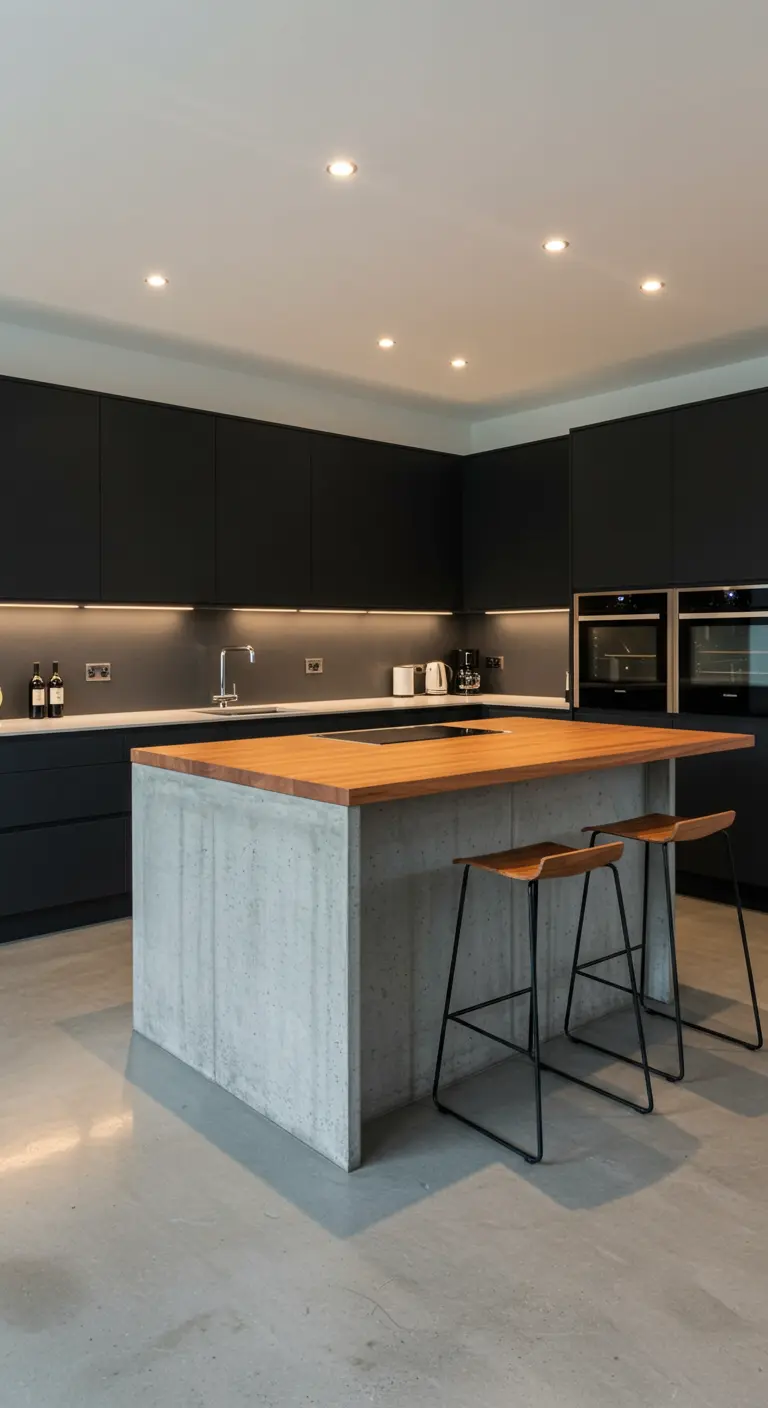 Strakke zwarte keuken met een betonnen kookeiland waarop een dik houten werkblad ligt.