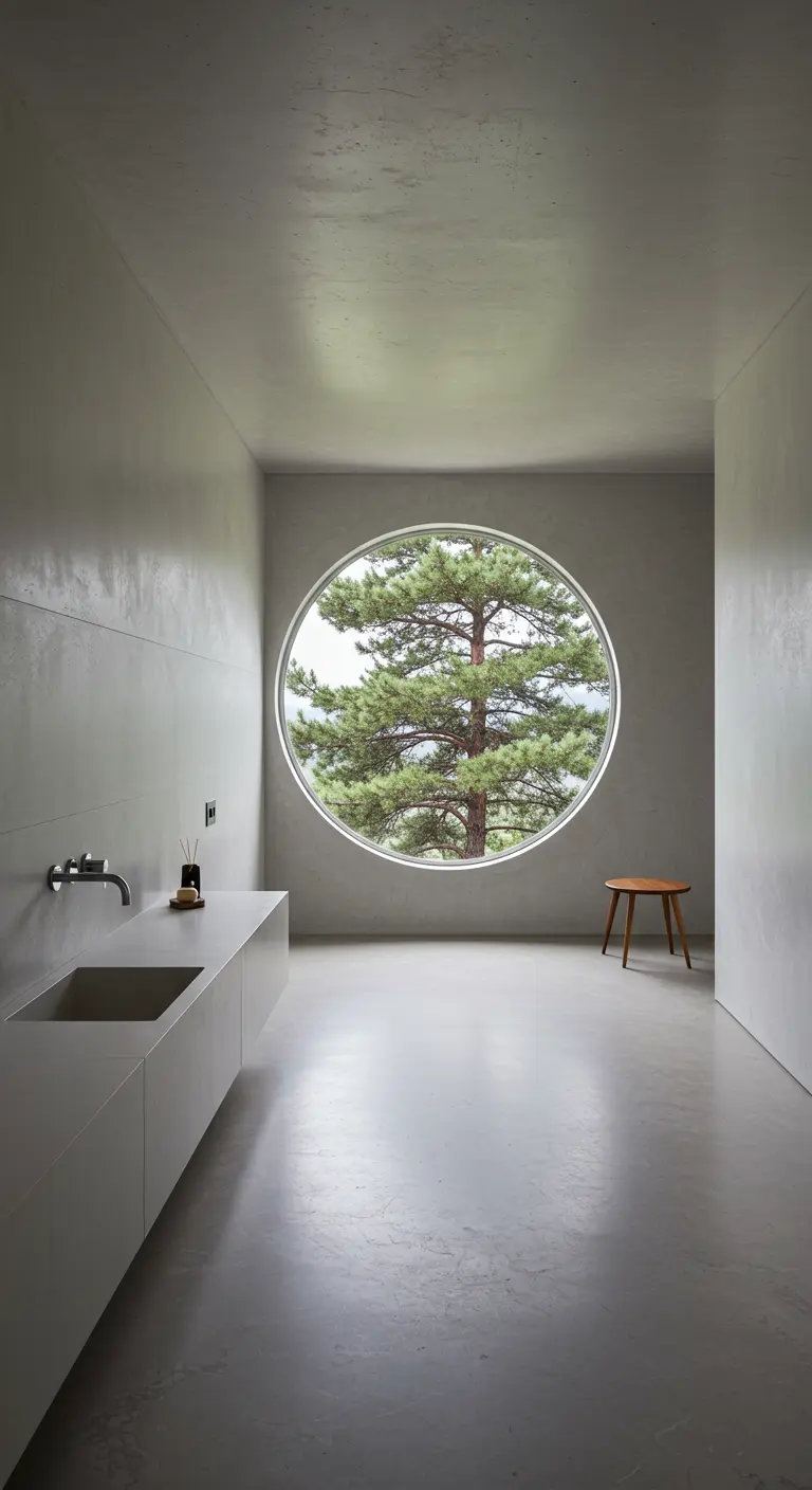Minimalistische betonnen badkamer met een groot rond raam dat uitkijkt op een dennenboom.