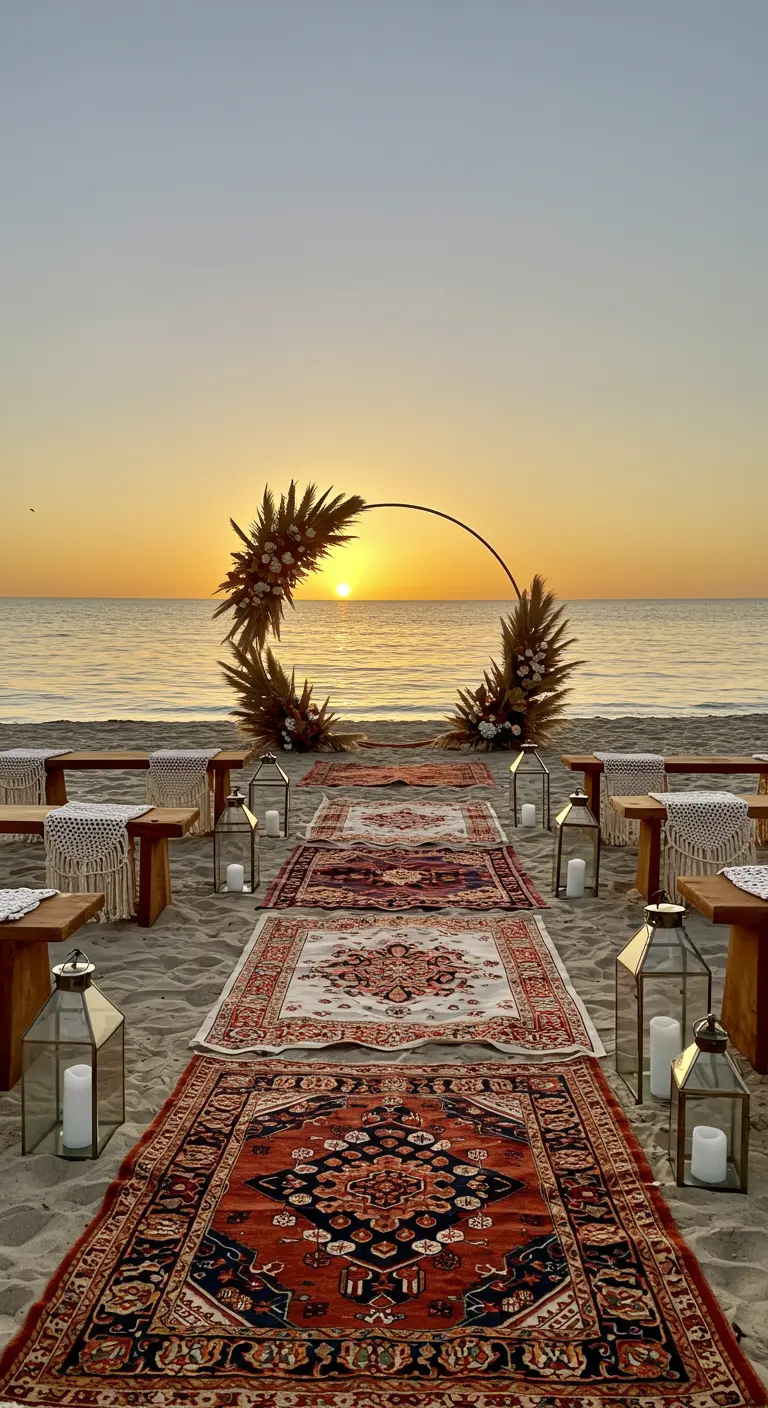 Ceremonie-opstelling op het strand bij zonsondergang met Perzische tapijten als loper.