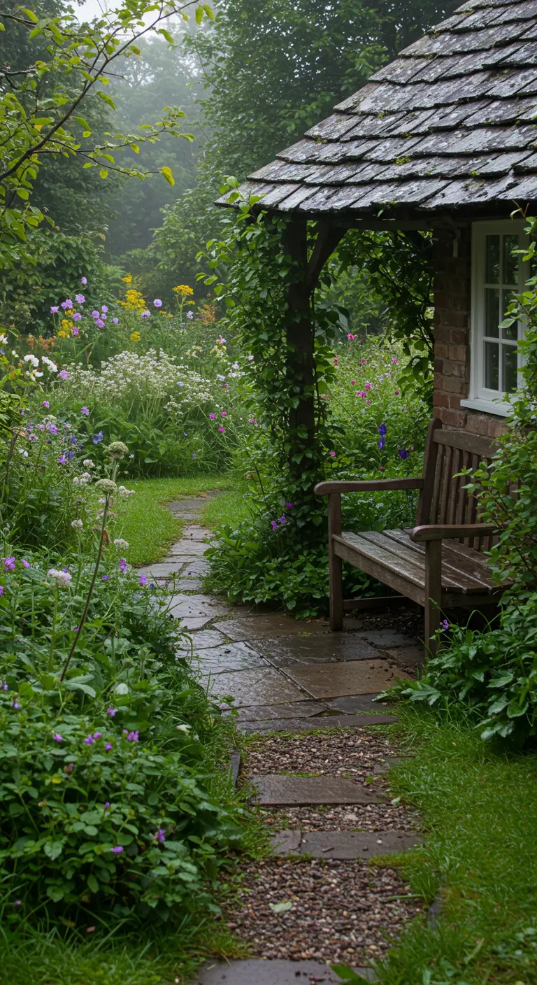 Een overwoekerd tuinpad van stenen en grind leidt naar een houten bank onder een afdak.