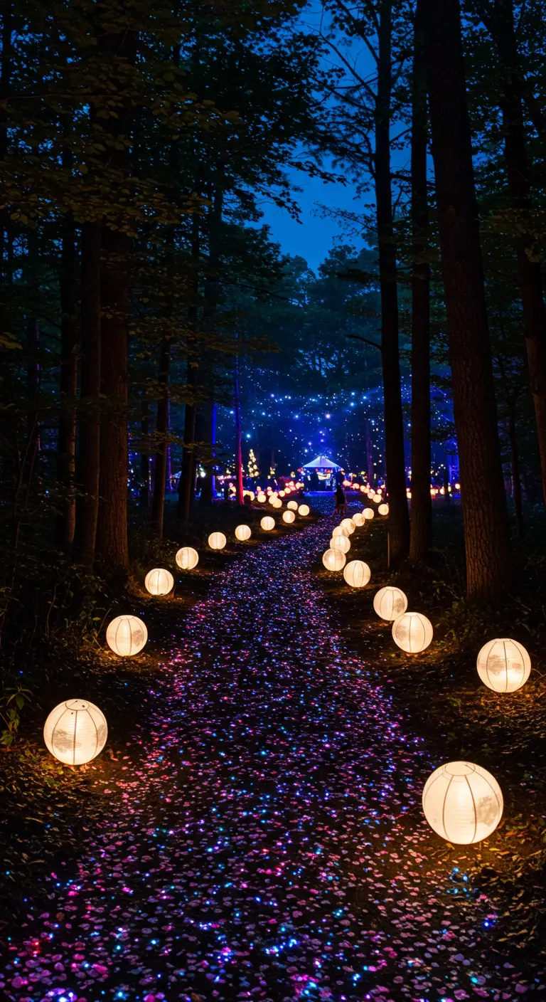 Bospad verlicht met lampionnen en fonkelende lichtjes in de bomen.