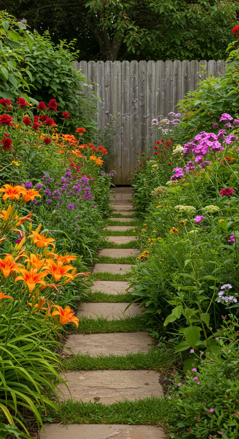 Stenen stapstenen als pad door het gras, omgeven door hoge, kleurrijke bloemen die over het pad hangen.