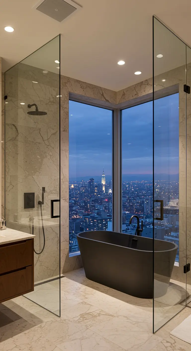 Luxe badkamer met glazen douche, vrijstaand bad en uitzicht op de stad.