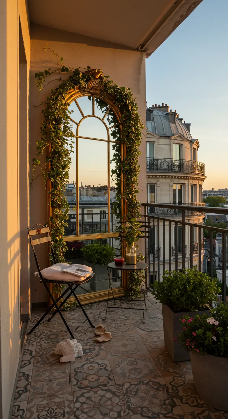 Grote boogspiegel op balkon, omringd door klimop, met uitzicht op Parijs.