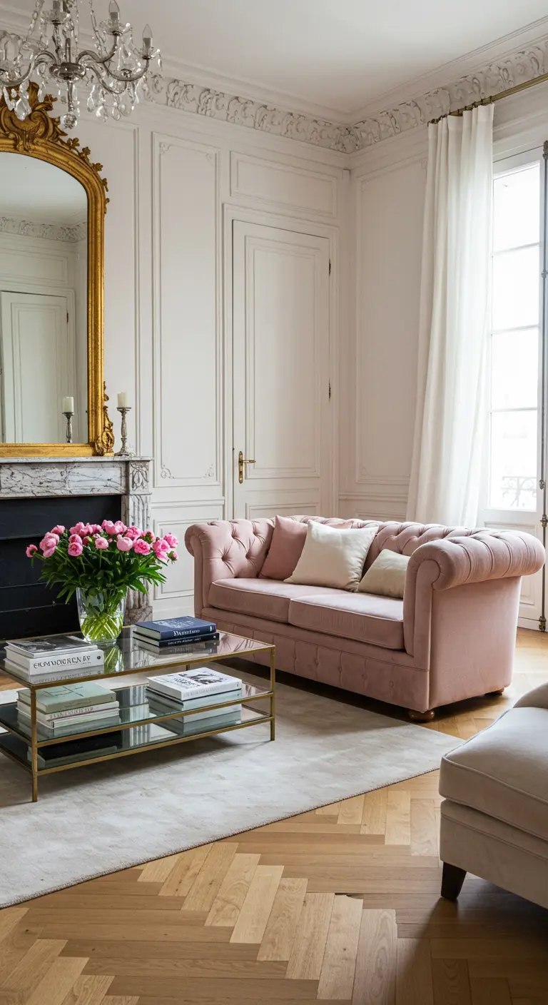 Woonkamer met roze Chesterfield bank, gouden spiegel en visgraatvloer.