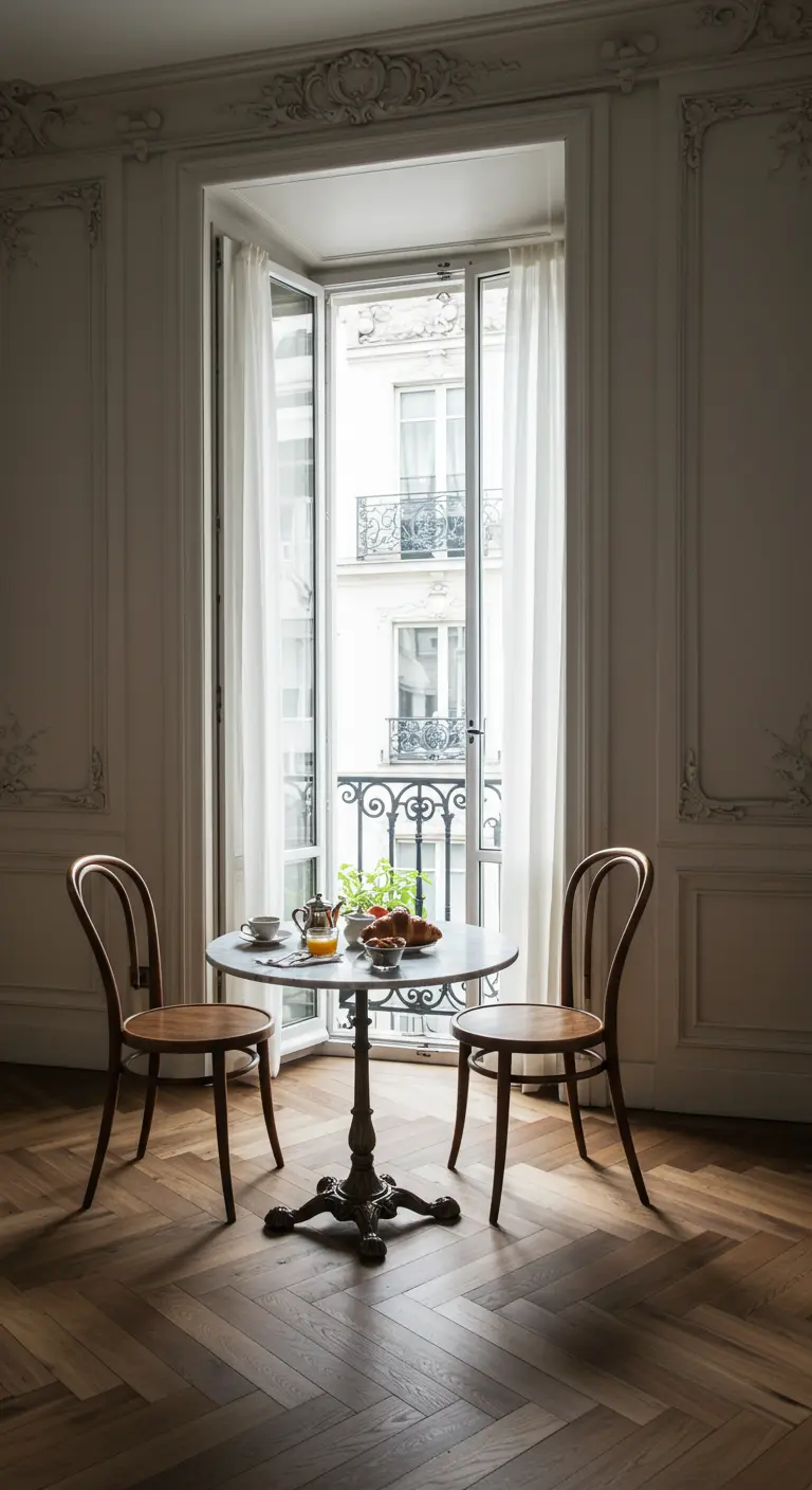 Klassiek Parijs appartement met een kleine ronde tafel en twee stoelen bij een open Frans balkon.