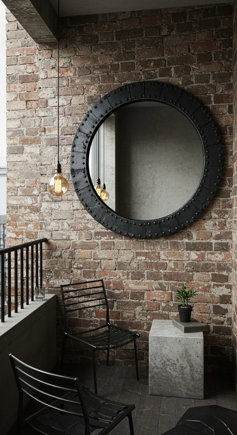 Ronde, industriële spiegel met klinknagels aan een bakstenen muur.