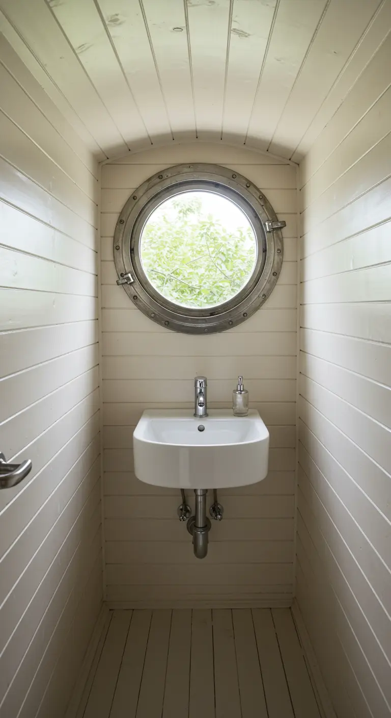 Smal toilet met witte houten wanden en een ronde patrijspoort als raam.