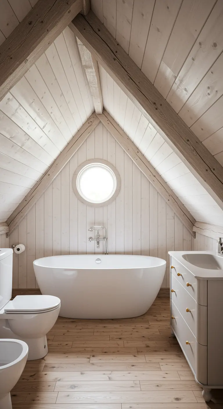 Zolderbadkamer met witte houten lambrisering, een vrijstaand bad en een klein rond raam.