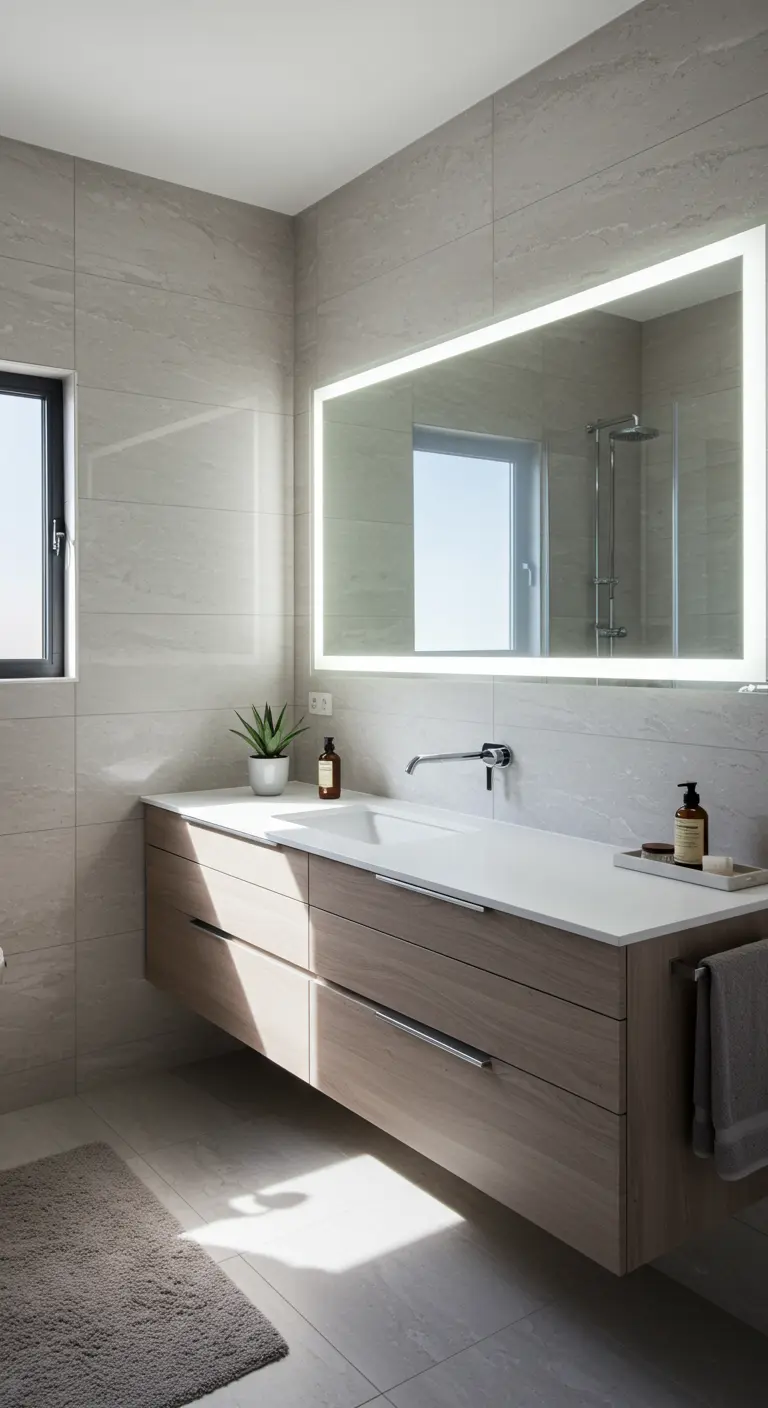 Moderne badkamer met een grote, brede spiegel die volledig omkaderd is met ingebouwde LED-verlichting.