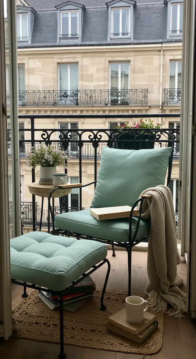Comfortabele loungestoel met voetenbankje, plaid en boeken op een knus balkon.