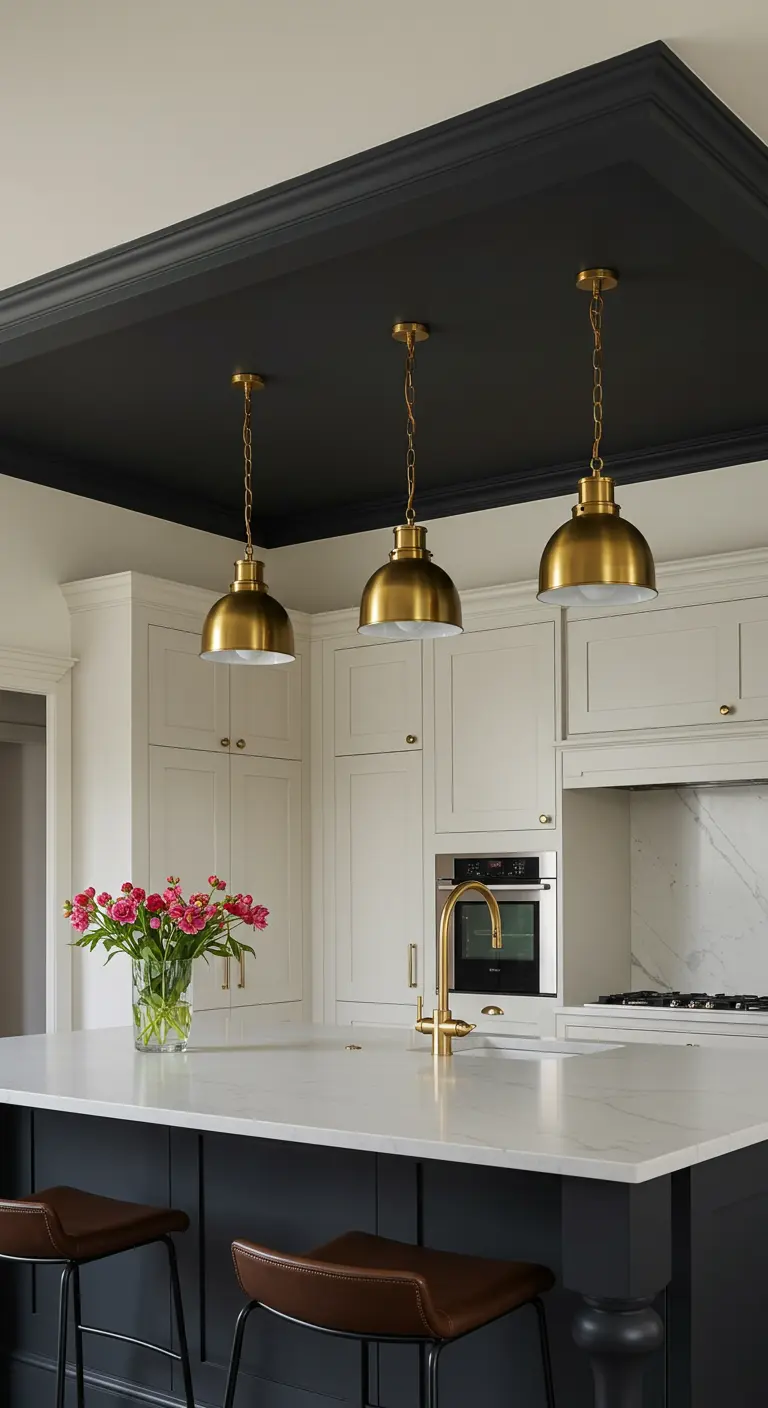Keuken met een wit verlaagd plafond met een zwart geschilderd binnenvlak en gouden lampen.