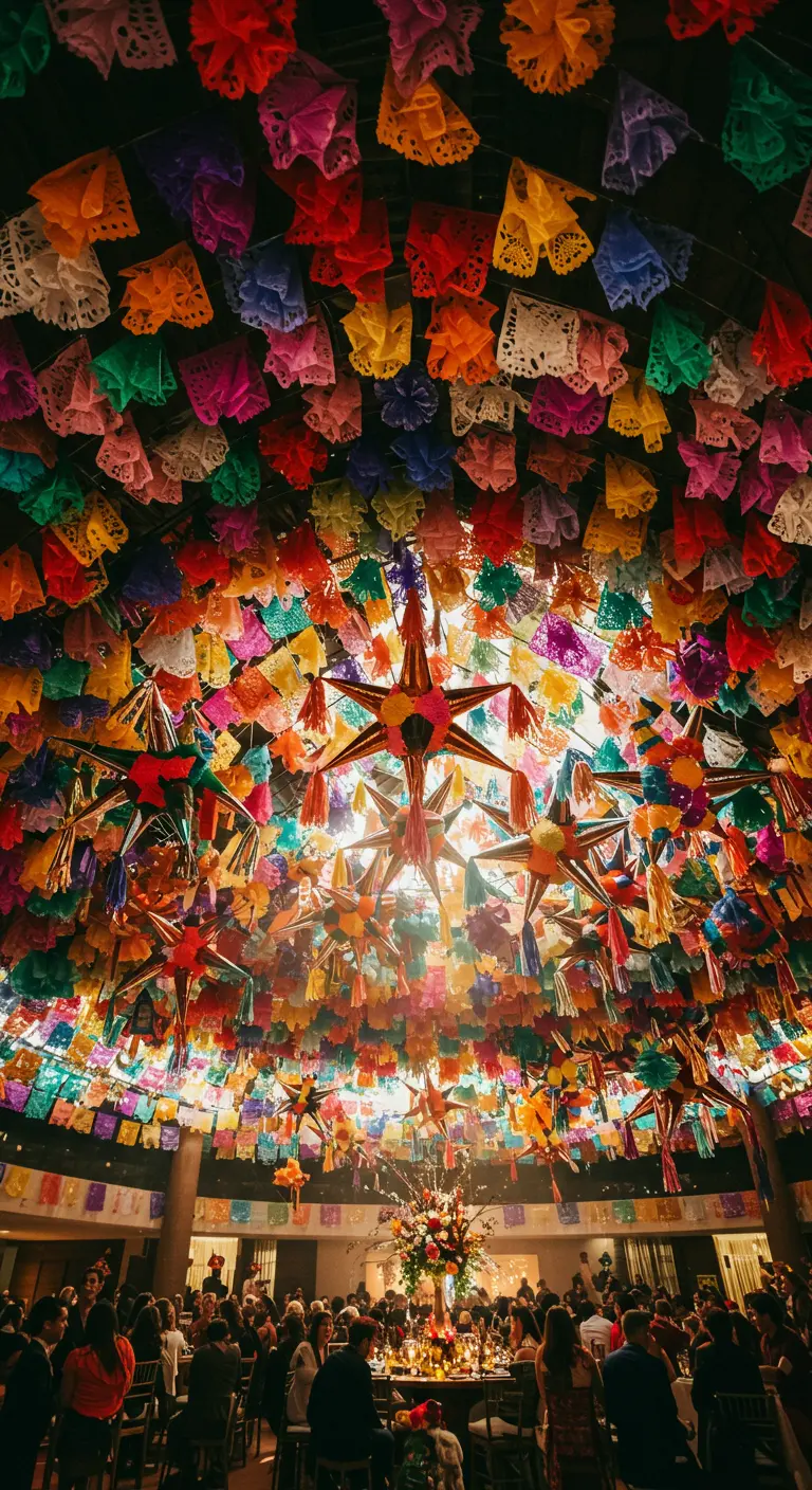Plafond volledig bedekt met honderden kleurrijke papel picado en piñata's.
