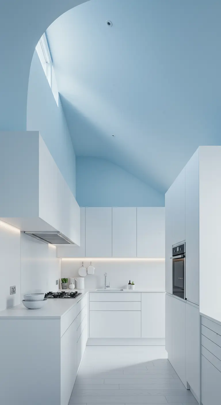 Strakke witte keuken met een lichtblauw geschilderd plafond dat een ruimtelijk effect geeft.