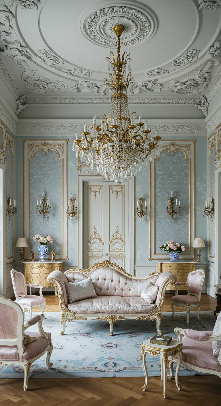 Paleisachtige woonkamer met een rijk versierd plafond en een enorme kroonluchter.
