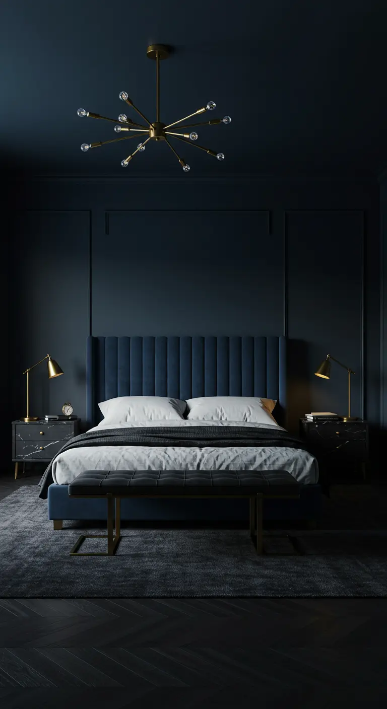 Nachtblauwe slaapkamer met fluwelen hoofdbord en een messing sputnik-lamp aan het plafond.