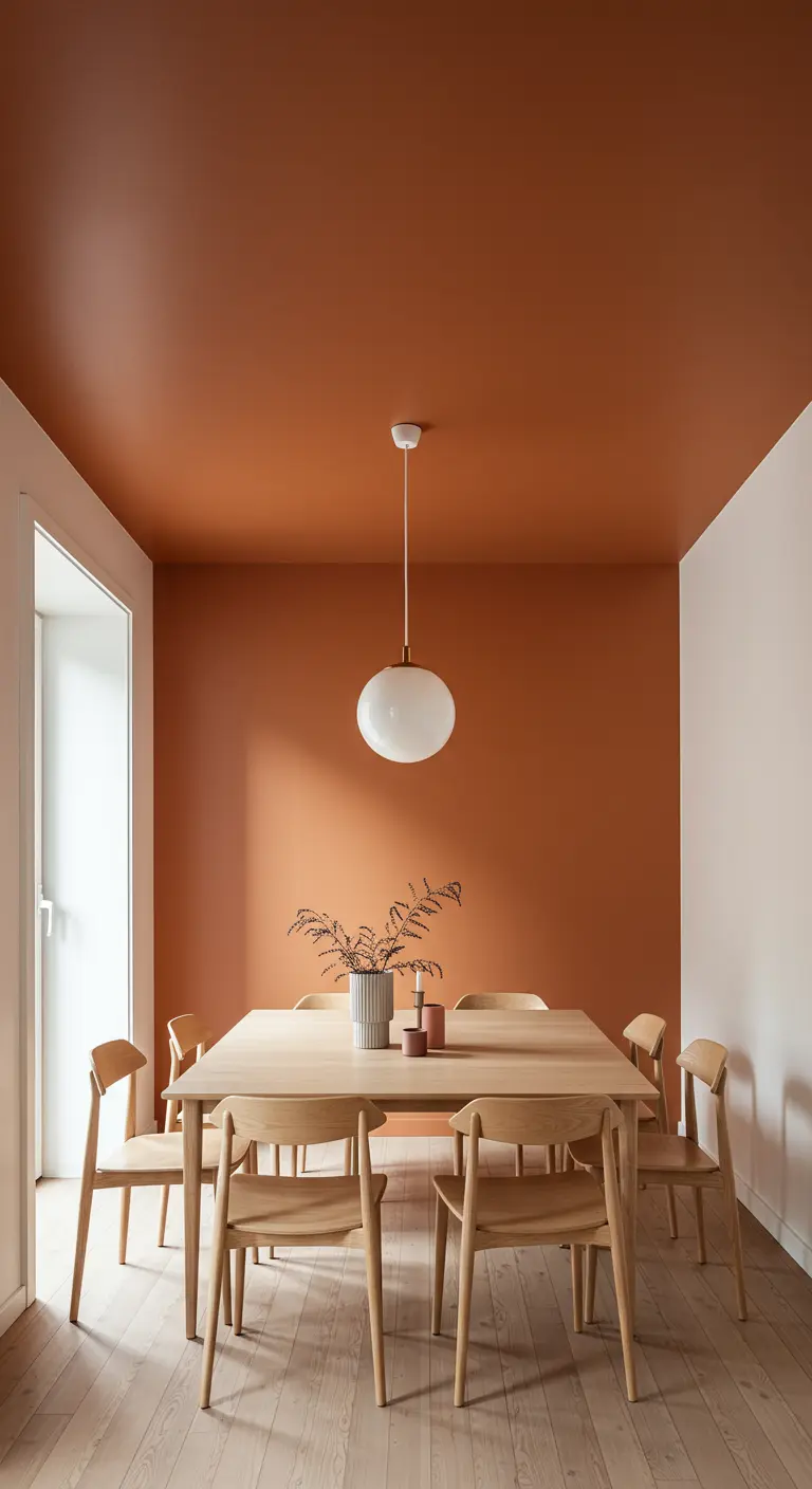 Eetkamer waarbij de accentmuur en het plafond in een terracotta kleur zijn geschilderd.