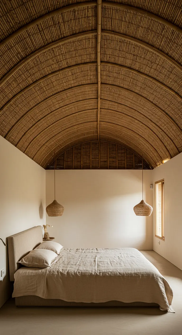 Slaapkamer met een indrukwekkend gebogen plafond van bamboe en linnen beddengoed.