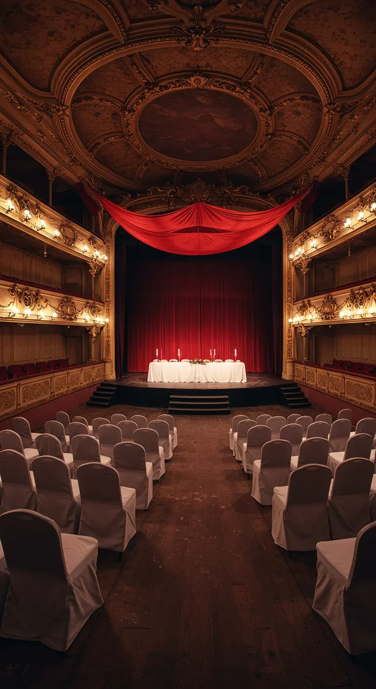Theaterzaal met een podium, rood gordijn en een wit gedekte tafel met kaarsen.