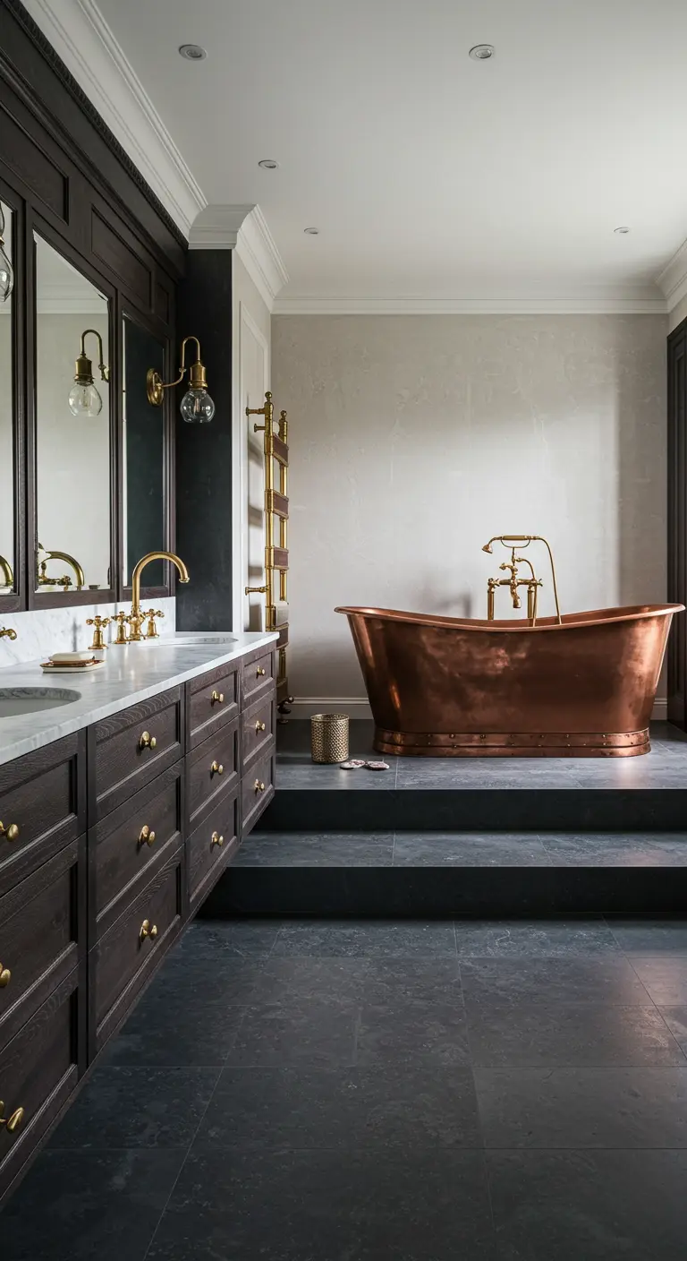 Luxe badkamer met een koperen bad op een verhoogd, donker platform.