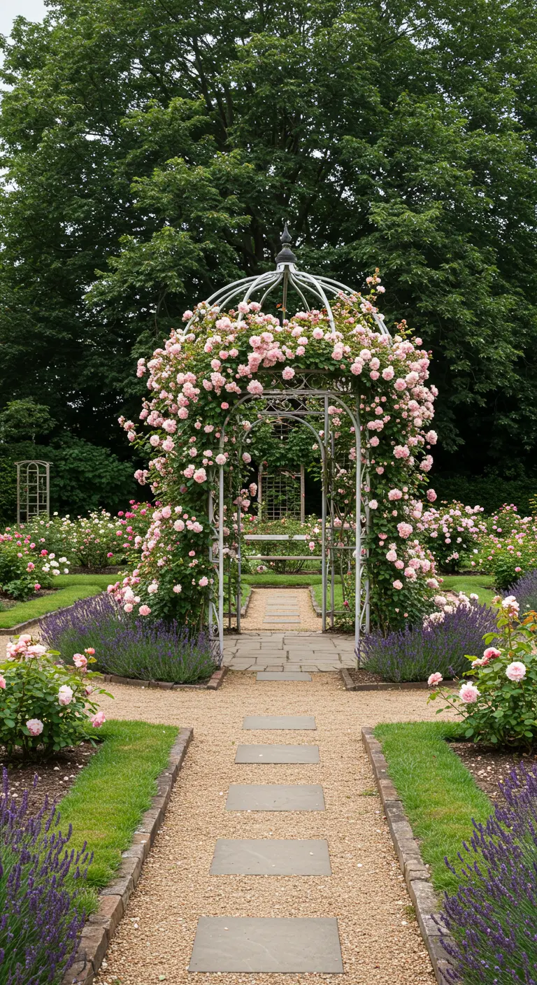 Sierlijk metalen prieel, overladen met zachtroze rozen, in het midden van een formele tuin.