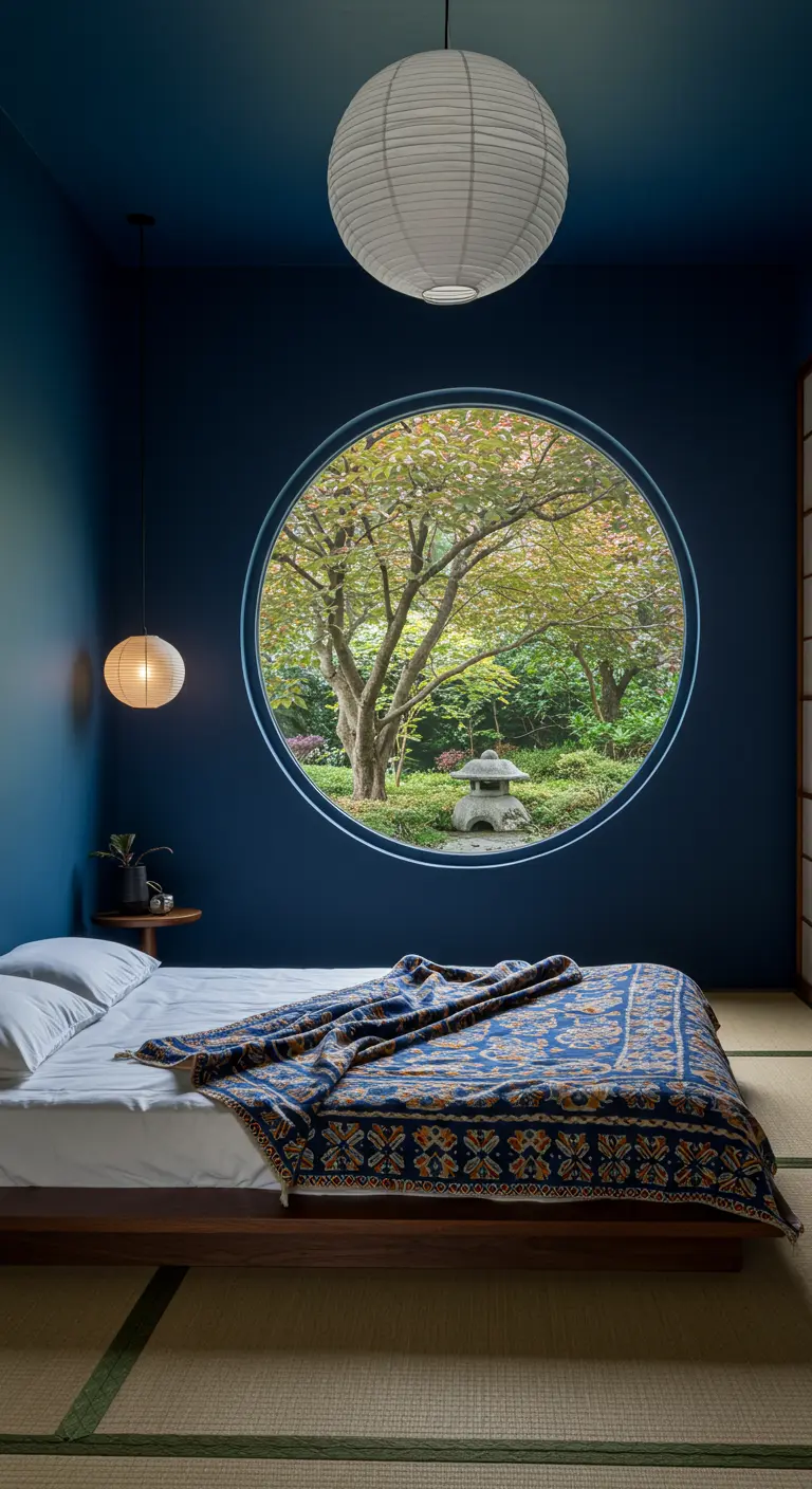 Minimalistische blauwe slaapkamer met een groot rond raam dat uitkijkt op een Japanse tuin.