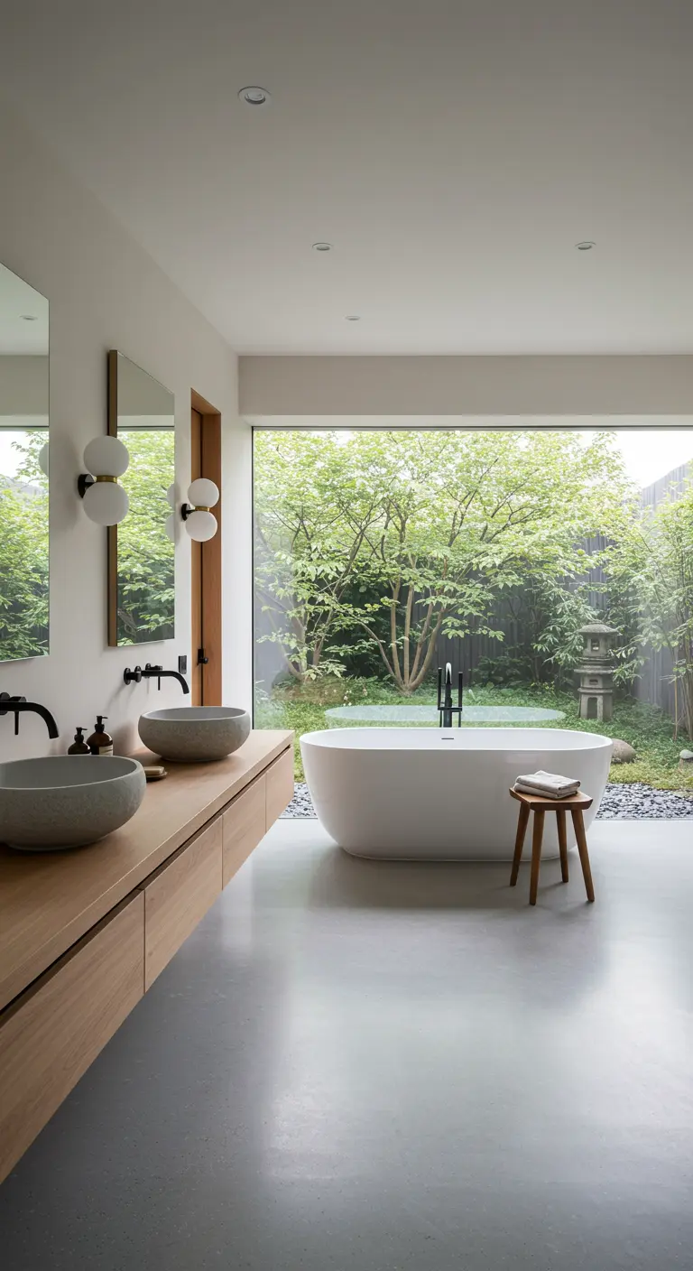 Lichte Japandi-badkamer met groot raam, vrijstaand bad en houten wastafelmeubel.