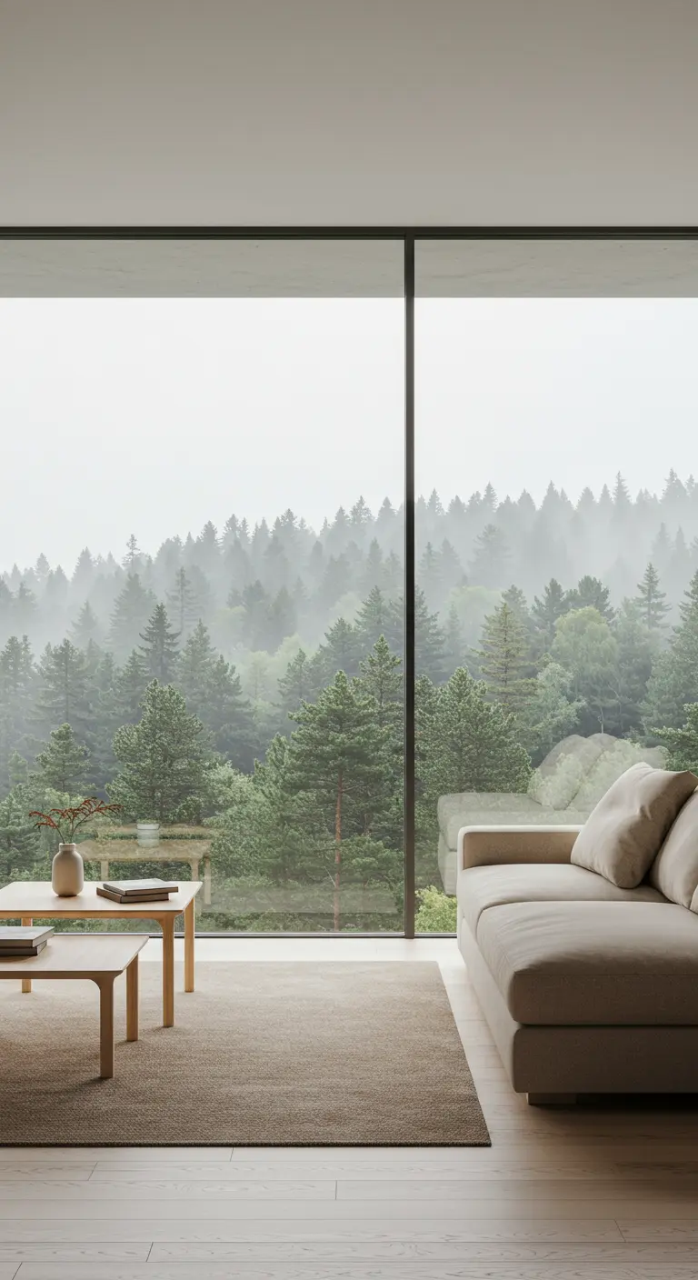 Minimalistische woonkamer met een beige bank en een enorm raam dat uitkijkt op een mistig bos.