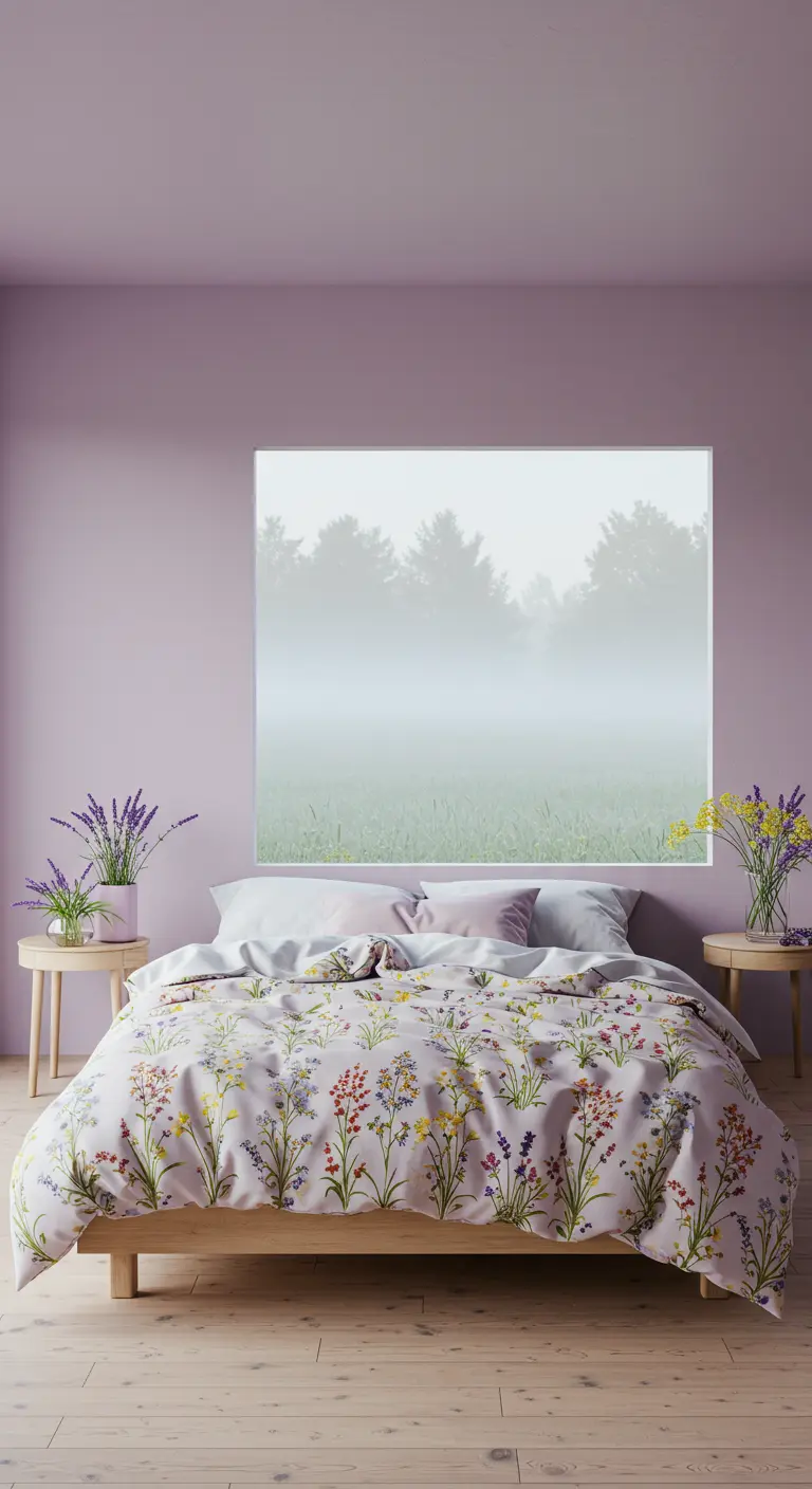 Minimalistische slaapkamer met lila muren, een groot raam en beddengoed met wildebloemen.