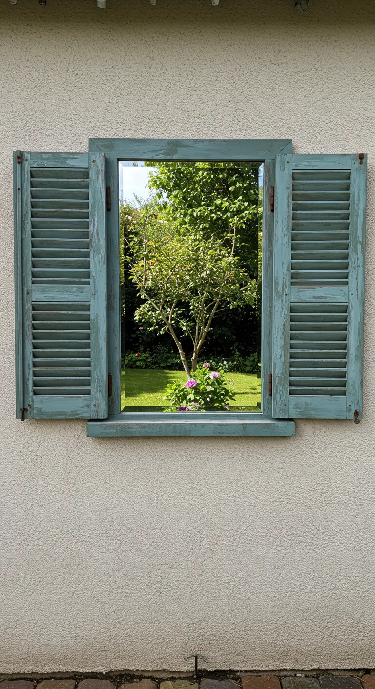 Spiegel met oude, groen verweerde luiken aan een buitenmuur.
